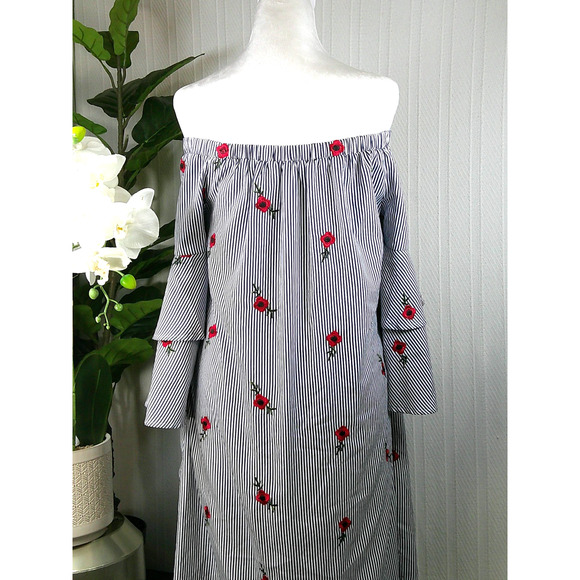 Betsy Johnson Women's Size 16 Off the Shoulder Blue Stripe Ruffle Dress Flowers - Picture 2 of 7